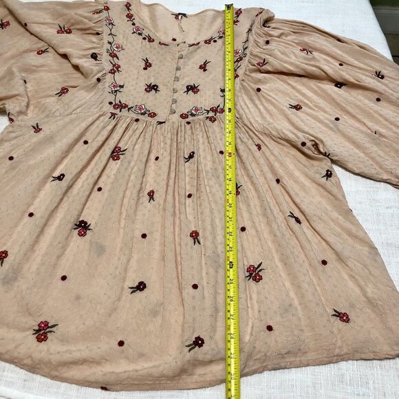 Free People Kiss From A Rose Tunic Top M Coral Embroidered Balloon Sleeve Boho - Picture 14 of 15